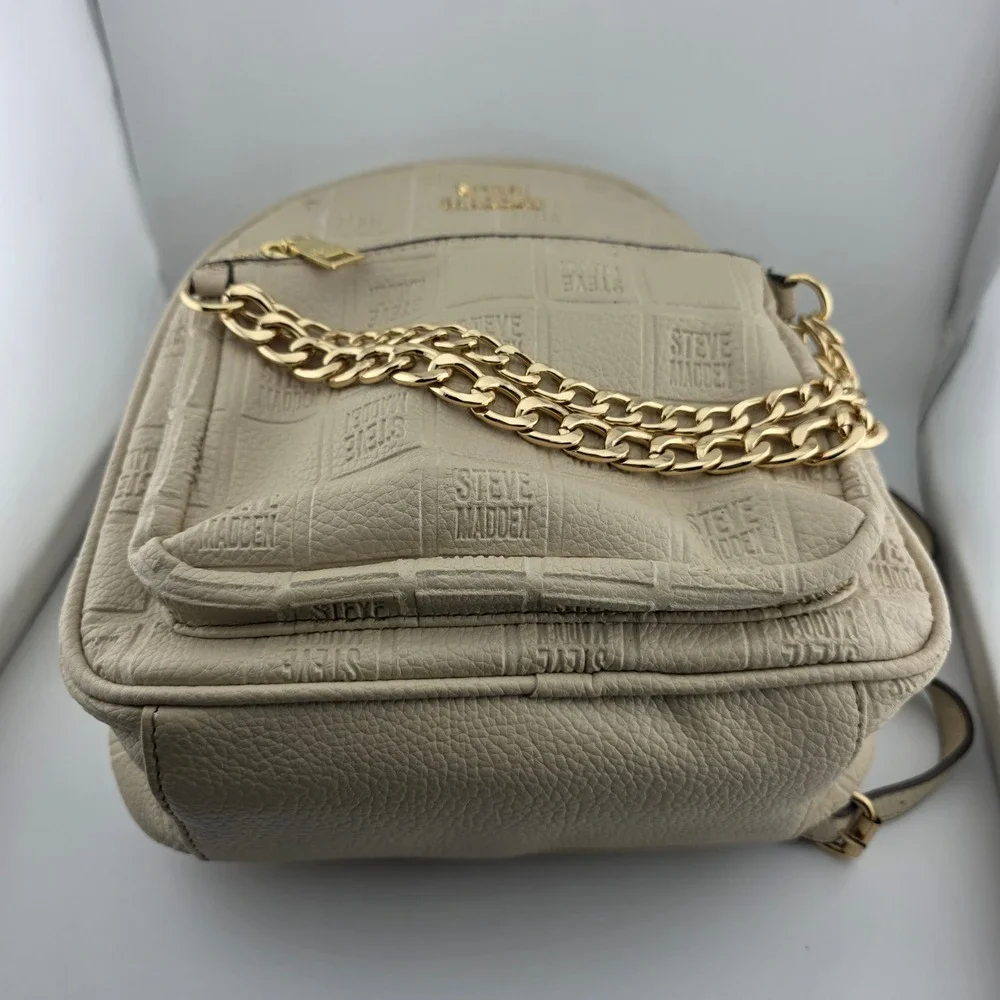 Steve‎ Madden Monogram Embossed Mini Backpack Chain Detail Cream